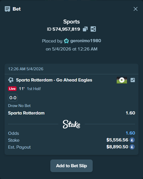 Bet slip: Sparta Rotterdam - Go Ahead Eagles, $13,074.59 stake at 1.60 odds, placed by geronimo1980