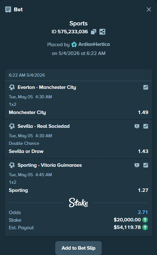 Bet slip: Sporting - Vitoria Guimaraes, $20,000.00 stake at 1.27 odds, placed by ArdianHertica