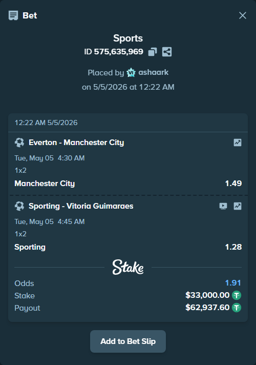 Bet slip: Sporting - Vitoria Guimaraes, $33,000.00 stake at 1.28 odds, placed by ashaark