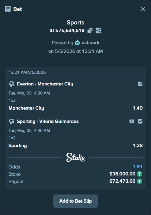 Bet slip: Sporting - Vitoria Guimaraes, $38,000.00 stake at 1.28 odds, placed by ashaark