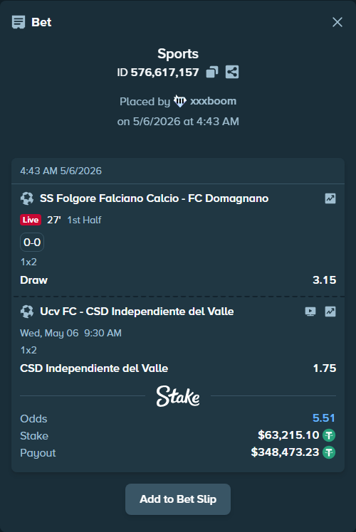 Bet slip: SS Folgore Falciano Calcio - FC Domagnano, $63,215.10 stake at 3.15 odds, placed by xxxboom