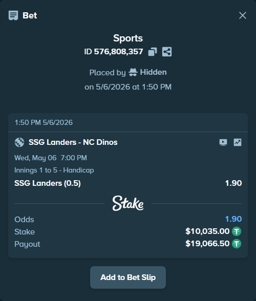 Bet slip: SSG Landers - NC Dinos, $10,035.00 stake at 1.90 odds, placed by Hidden