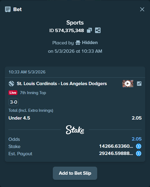 Bet slip: St. Louis Cardinals - Los Angeles Dodgers, $14,266.63 stake at 2.05 odds, placed by Hidden