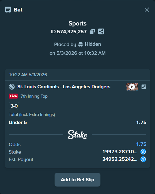 Bet slip: St. Louis Cardinals - Los Angeles Dodgers, $19,973.29 stake at 1.75 odds, placed by Hidden