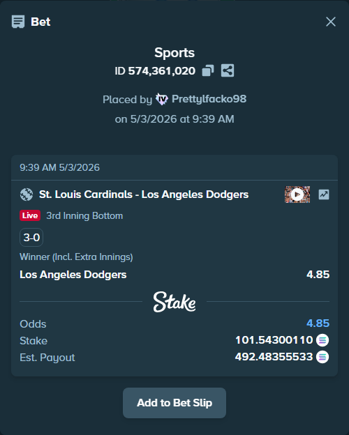 Bet slip: St. Louis Cardinals - Los Angeles Dodgers, $20,308.60 stake at 4.85 odds, placed by Prettylfacko98