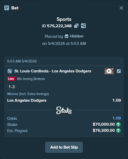 Bet slip: St. Louis Cardinals - Los Angeles Dodgers, $70,000.00 stake at 1.09 odds, placed by Hidden