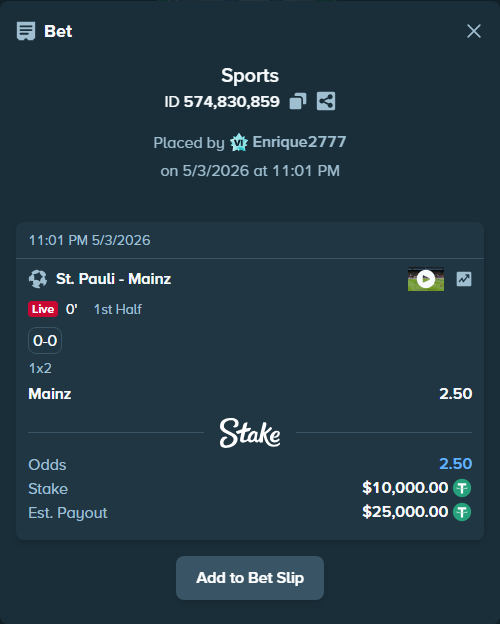 Bet slip: St. Pauli - Mainz, $10,000.00 stake at 2.50 odds, placed by Enrique2777