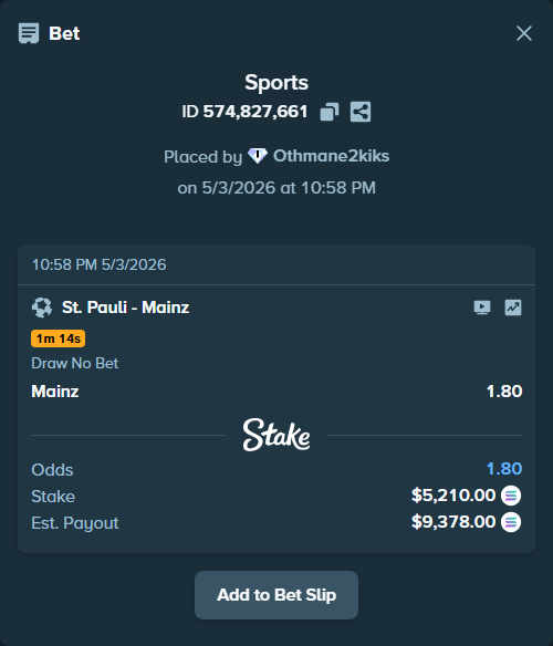 Bet slip: St. Pauli - Mainz, $12,378.96 stake at 1.80 odds, placed by Othmane2kiks