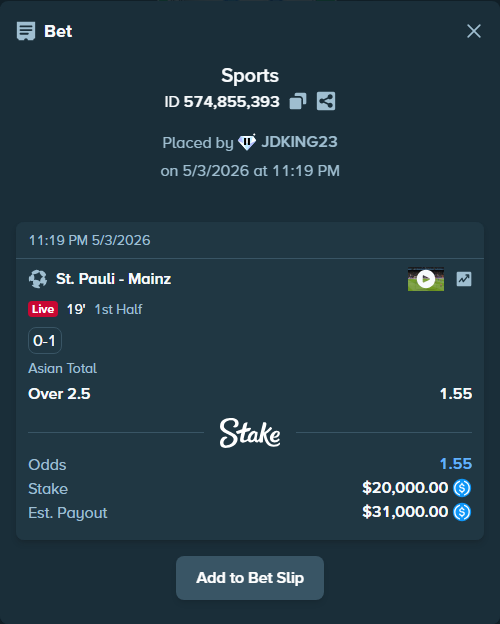 Bet slip: St. Pauli - Mainz, $20,000.00 stake at 1.55 odds, placed by JDKING23