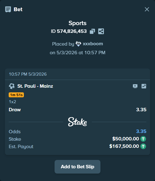 Bet slip: St. Pauli - Mainz, $50,000.00 stake at 3.35 odds, placed by xxxboom