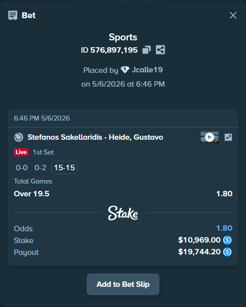 Bet slip: Stefanos Sakellaridis - Heide, Gustavo, $10,969.00 stake at 1.80 odds, placed by Jcalle19