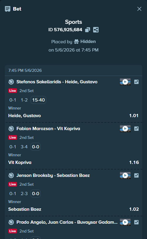 Bet slip: Stefanos Sakellaridis - Heide, Gustavo, $22,400.00 stake at 1.01 odds, placed by Hidden