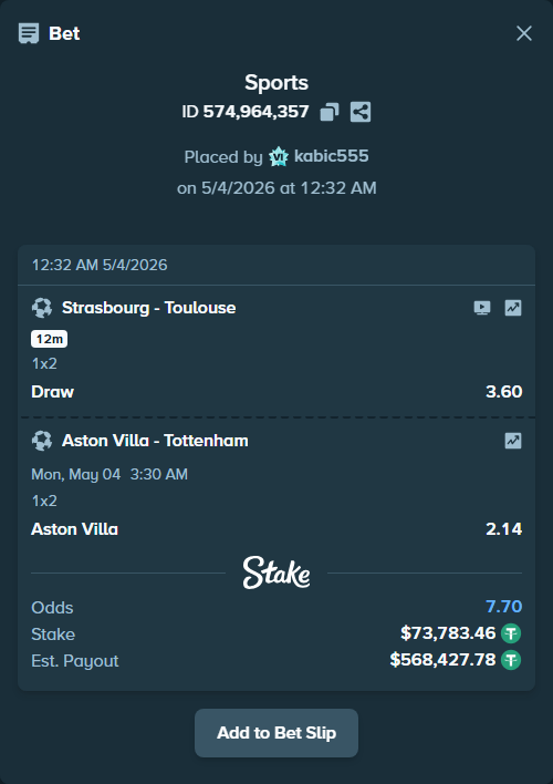 Bet slip: Strasbourg - Toulouse, $73,783.46 stake at 3.60 odds, placed by kabic555