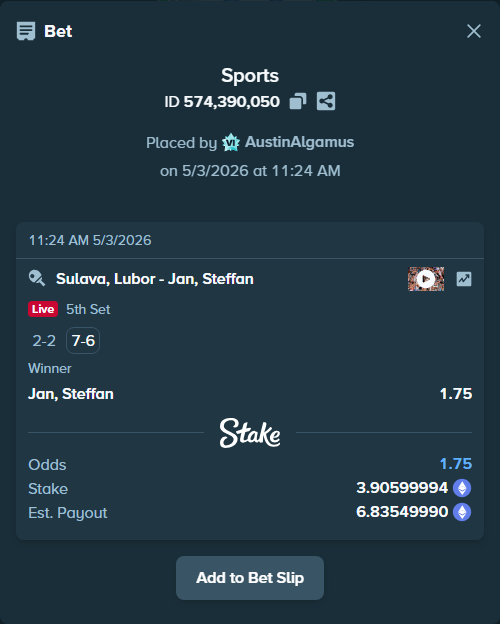 Bet slip: Sulava, Lubor - Steffan, Jan, $13,671.00 stake at 1.75 odds, placed by AustinAlgamus