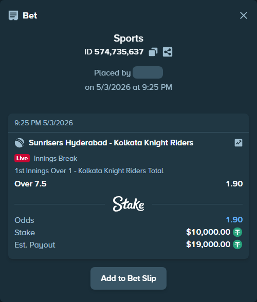 Bet slip: Sunrisers Hyderabad - Kolkata Knight Riders, $10,000.00 stake at 1.90 odds, placed by Muteeb470