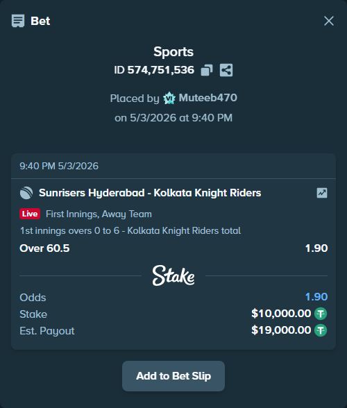 Bet slip: Sunrisers Hyderabad - Kolkata Knight Riders, $10,000.00 stake at 1.90 odds, placed by Muteeb470