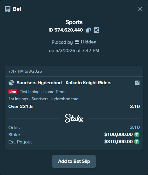 Bet slip: Sunrisers Hyderabad - Kolkata Knight Riders, $100,000.00 stake at 3.10 odds, placed by Hidden