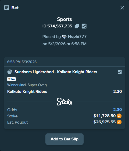 Bet slip: Sunrisers Hyderabad - Kolkata Knight Riders, $10,467.69 stake at 2.30 odds, placed by Hophi777
