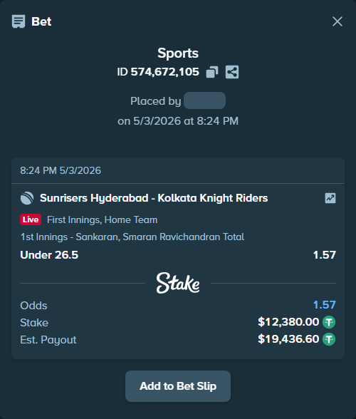 Bet slip: Sunrisers Hyderabad - Kolkata Knight Riders, $12,380.00 stake at 1.57 odds, placed by Rezaul1098