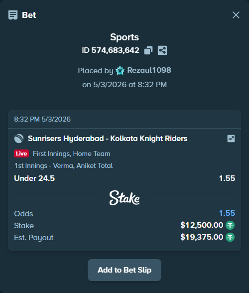 Bet slip: Sunrisers Hyderabad - Kolkata Knight Riders, $12,500.00 stake at 1.55 odds, placed by Rezaul1098
