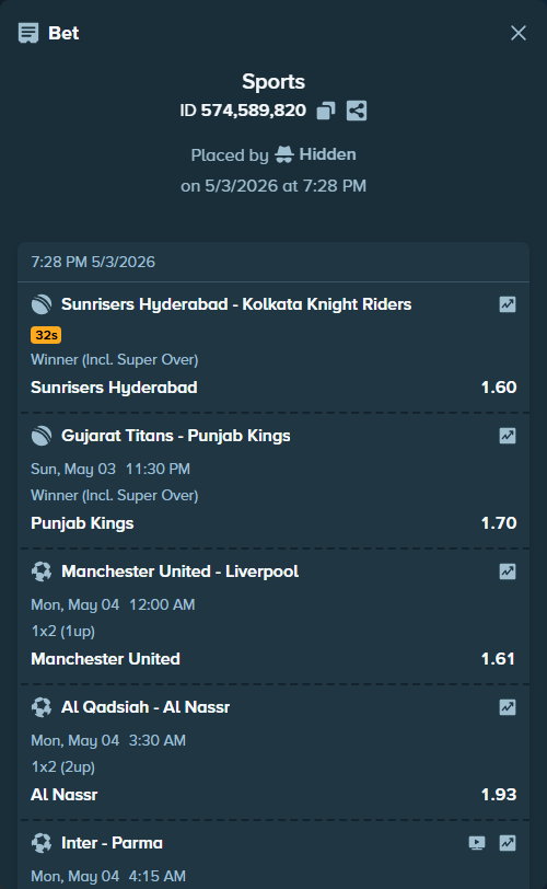 Bet slip: Sunrisers Hyderabad - Kolkata Knight Riders, $23,408.00 stake at 1.60 odds, placed by Hidden