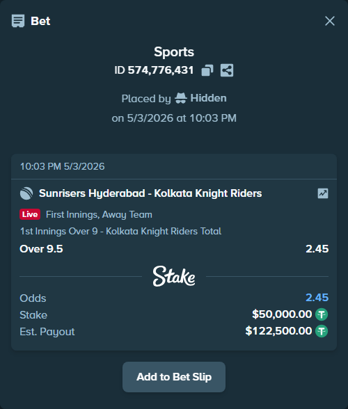 Bet slip: Sunrisers Hyderabad - Kolkata Knight Riders, $50,000.00 stake at 2.45 odds, placed by Hidden
