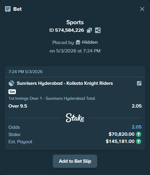 Bet slip: Sunrisers Hyderabad - Kolkata Knight Riders, $70,820.00 stake at 2.05 odds, placed by Hidden