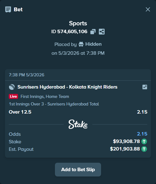 Bet slip: Sunrisers Hyderabad - Kolkata Knight Riders, $93,908.78 stake at 2.15 odds, placed by Hidden