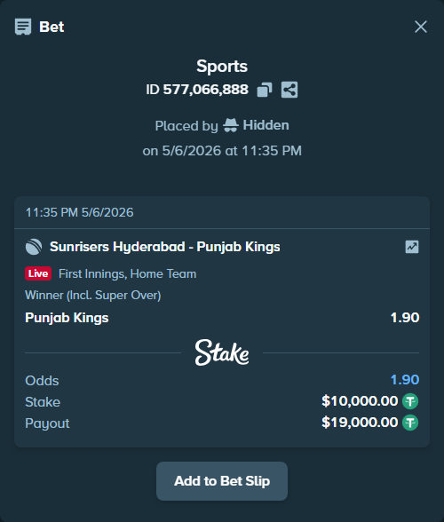 Bet slip: Sunrisers Hyderabad - Punjab Kings, $10,000.00 stake at 1.90 odds, placed by Hidden