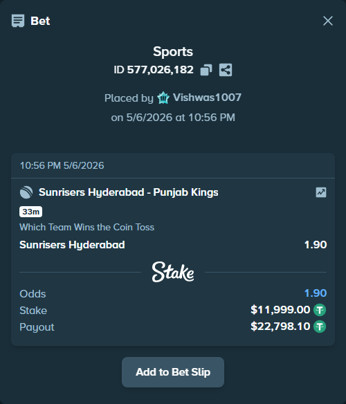Bet slip: Sunrisers Hyderabad - Punjab Kings, $11,999.00 stake at 1.90 odds, placed by Vishwas1007