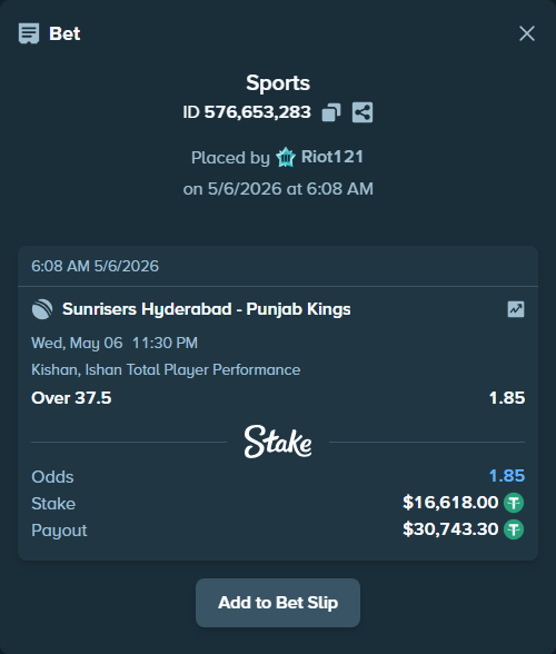 Bet slip: Sunrisers Hyderabad - Punjab Kings, $16,618.00 stake at 1.85 odds, placed by Riot121