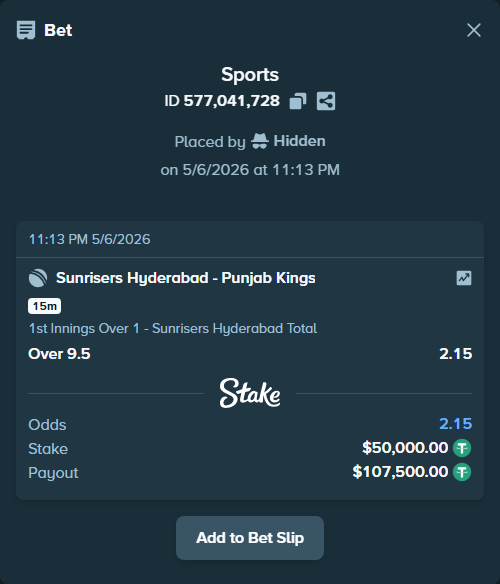 Bet slip: Sunrisers Hyderabad - Punjab Kings, $50,000.00 stake at 2.15 odds, placed by Hidden