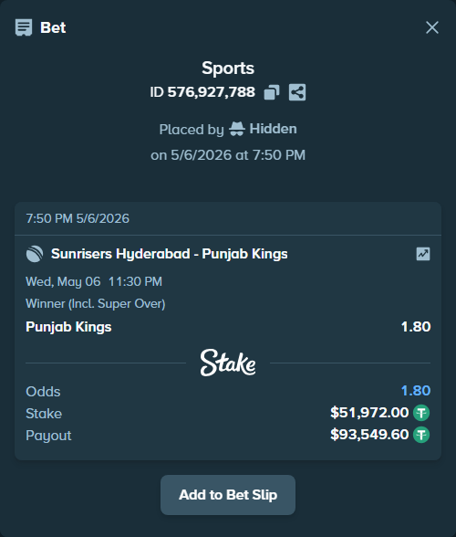 Bet slip: Sunrisers Hyderabad - Punjab Kings, $51,972.00 stake at 1.80 odds, placed by Hidden
