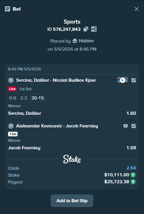 Bet slip: Svrcina, Dalibor - Nicolai Budkov Kjaer, $10,111.00 stake at 1.60 odds, placed by Hidden
