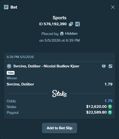 Bet slip: Svrcina, Dalibor - Nicolai Budkov Kjaer, $12,620.00 stake at 1.79 odds, placed by Hidden