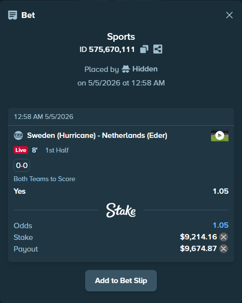 Bet slip: Sweden (Hurricane) - Netherlands (Eder), $16,382.78 stake at 1.05 odds, placed by Hidden