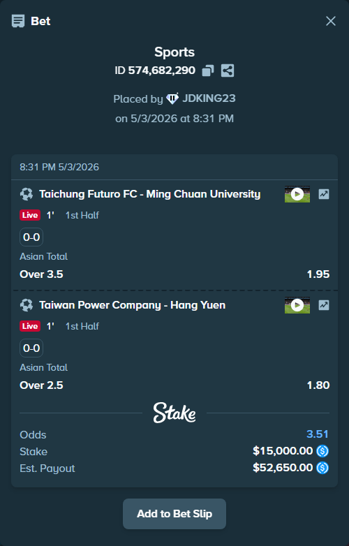 Bet slip: Taichung Futuro FC - Ming Chuan University, $15,000.00 stake at 1.95 odds, placed by JDKING23