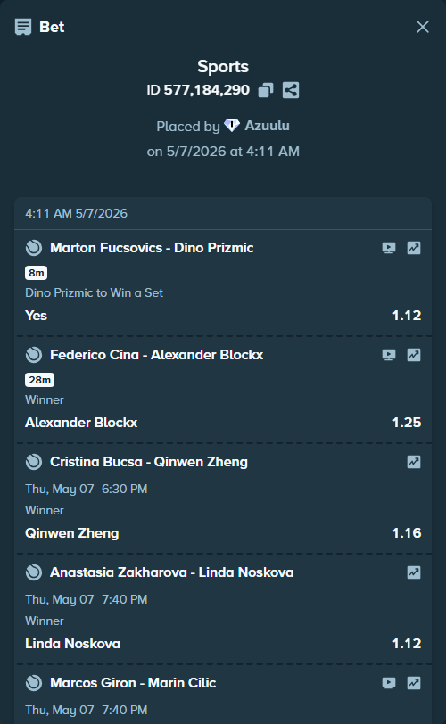 Bet slip: Talia Gibson - Diana Shnaider, $125,000.00 stake at 1.17 odds, placed by Azuulu