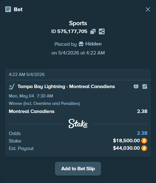 Bet slip: Tampa Bay Lightning - Montreal Canadiens, $16,459.45 stake at 2.38 odds, placed by Hidden