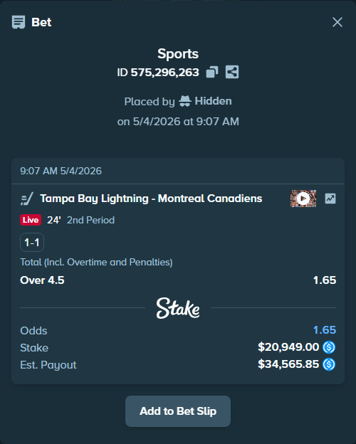 Bet slip: Tampa Bay Lightning - Montreal Canadiens, $20,949.00 stake at 1.65 odds, placed by Hidden