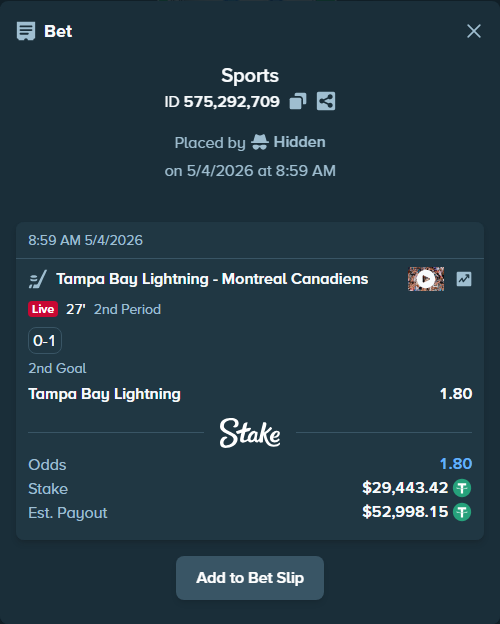 Bet slip: Tampa Bay Lightning - Montreal Canadiens, $29,443.42 stake at 1.80 odds, placed by Hidden