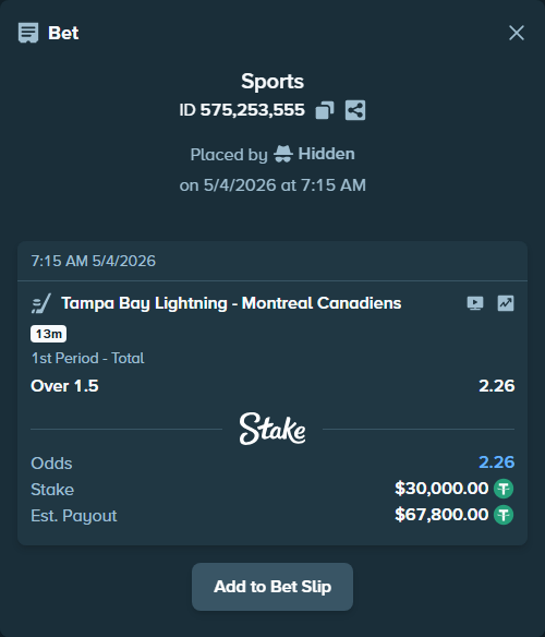 Bet slip: Tampa Bay Lightning - Montreal Canadiens, $30,000.00 stake at 2.26 odds, placed by Hidden