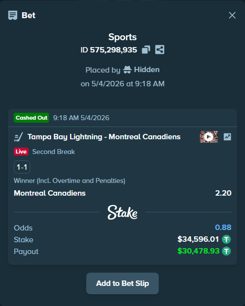 Bet slip: Tampa Bay Lightning - Montreal Canadiens, $34,596.01 stake at 2.20 odds, placed by Hidden
