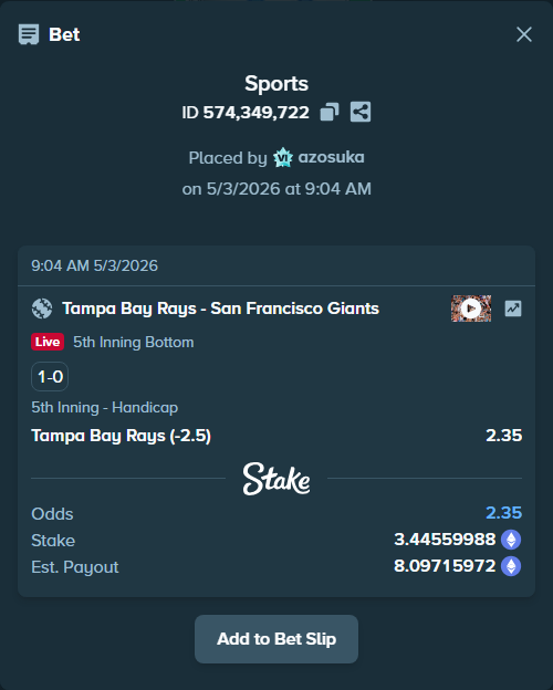 Bet slip: Tampa Bay Rays - San Francisco Giants, $12,059.60 stake at 2.35 odds, placed by azosuka