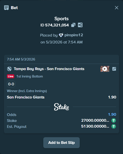 Bet slip: Tampa Bay Rays - San Francisco Giants, $27,000.00 stake at 1.90 odds, placed by piropiro12