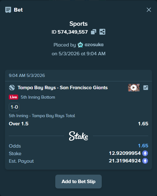 Bet slip: Tampa Bay Rays - San Francisco Giants, $45,223.50 stake at 1.65 odds, placed by azosuka