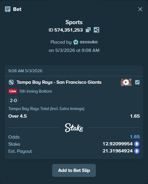 Bet slip: Tampa Bay Rays - San Francisco Giants, $45,223.50 stake at 1.65 odds, placed by azosuka