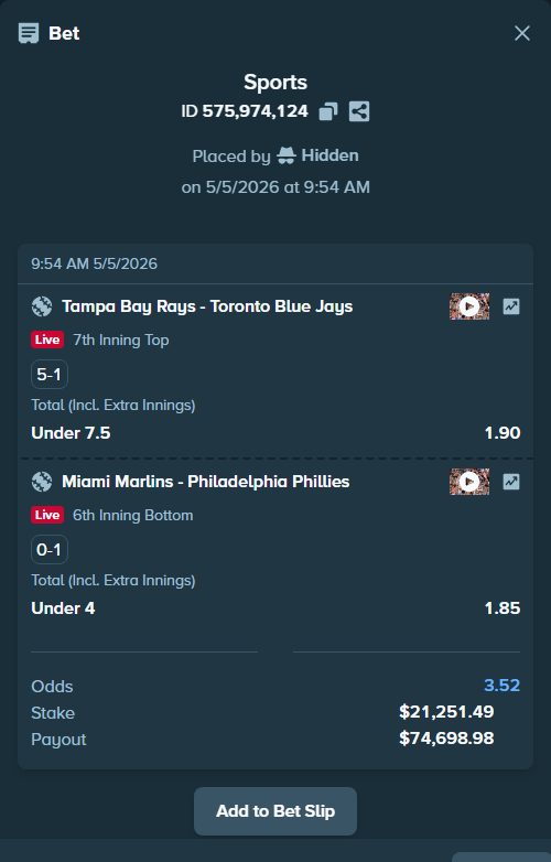 Bet slip: Tampa Bay Rays - Toronto Blue Jays, $21,251.49 stake at 1.90 odds, placed by Hidden