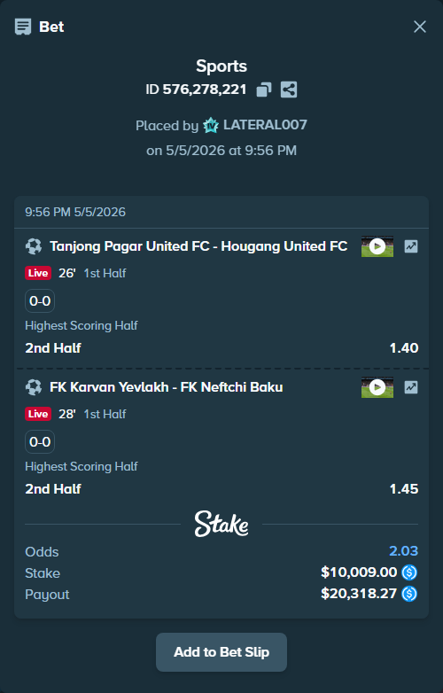 Bet slip: Tanjong Pagar United - Hougang United FC, $10,009.00 stake at 1.40 odds, placed by LATERAL007