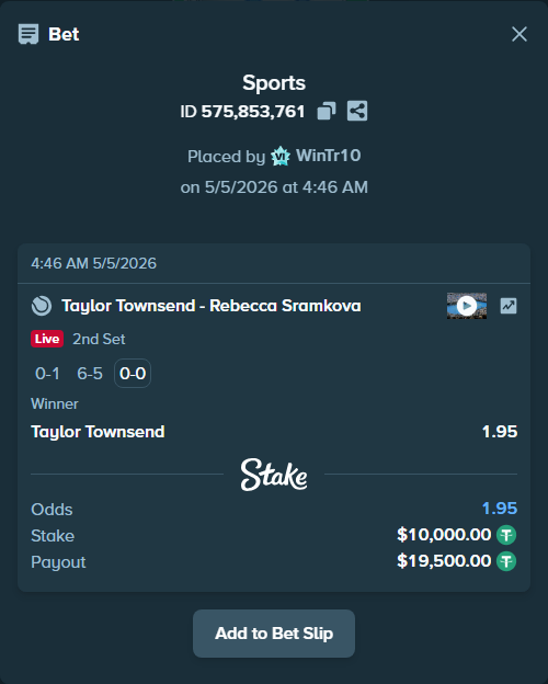 Bet slip: Taylor Townsend - Rebecca Sramkova, $10,000.00 stake at 1.95 odds, placed by WinTr10